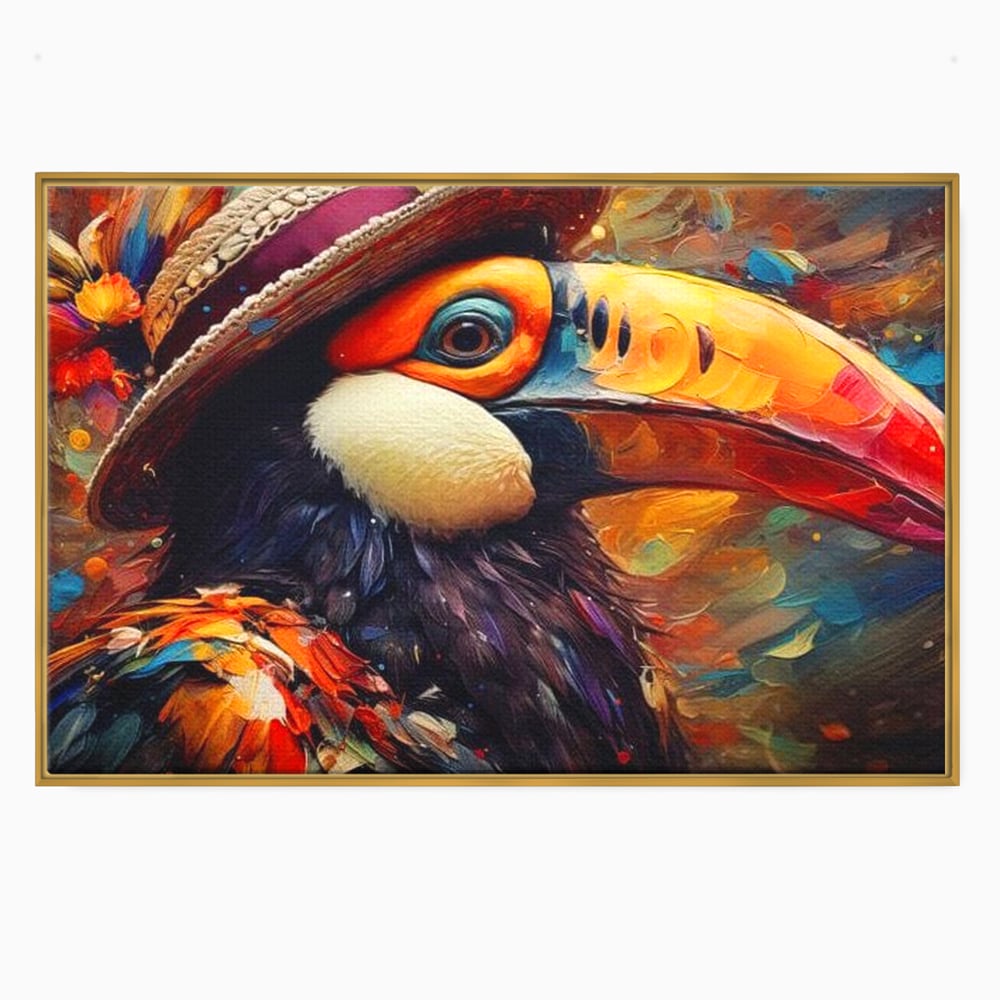 Tablou canvas cu tablou cu portret de tucan cu palarie, in rama de aluminiu auriu